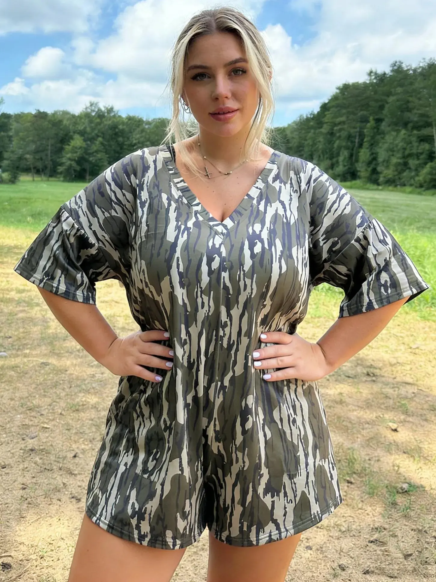 Women's Casual Camouflage Jumpsuit Short Sleeve Romper Camo One Piece Outfits