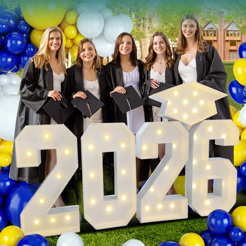 2026 Graduation Party Decorations Sturdy Pre-Cut Set - 2.3ft Light-Lit Marquee Letter Sign (2026/GRAD/26) with Bold Message Glow-Ready Sign, Grad-Blue Mosaic Foam Board, Glue Gun, Balloons for College Prom, Unisex Home Festive Gift