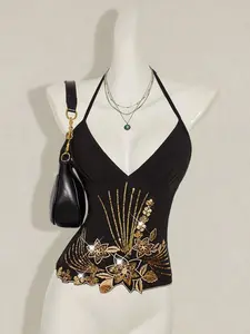 VYNCE Women's Y2K Style Flower Beaded Embroidery Asymmetrical Hem Halter Neck Backless Fitted Camisole, Bohemian Chic & Sexy Black And Gold Top Sequin Top
