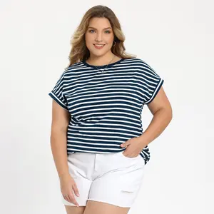 GRACE & GRANDEUR Plus Size Tops for Women Striped Raglan Sleeve Crew Neck T-Shirts Basic Summer Casual Blouses