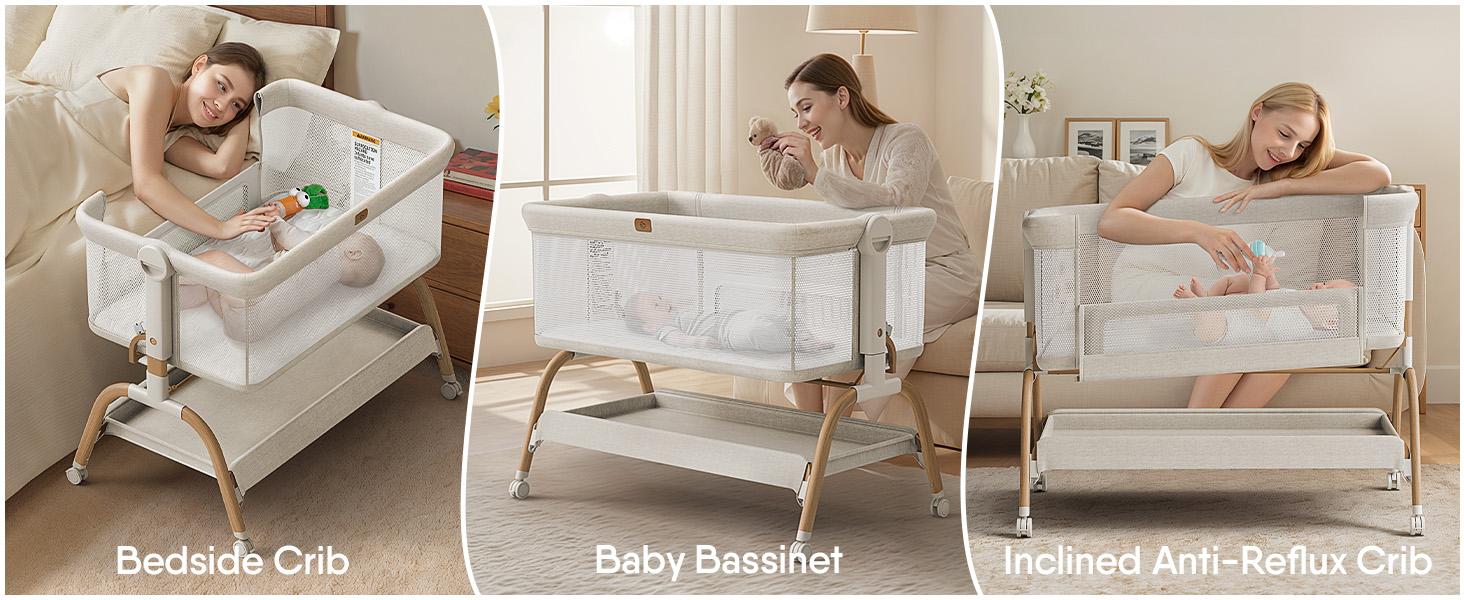 BabyBond 3-in-1 Baby Bassinet Bedside Sleeper, 6-Height Adjustable Crib with Mattress & Soft Breathable Sheet, Full-Mesh Sides and Ventilated Net, Easy-to-Fold Portable Style & Wheels, Safe and Steady Bassinet for Newborns, Ideal Christmas Gift for Babies
