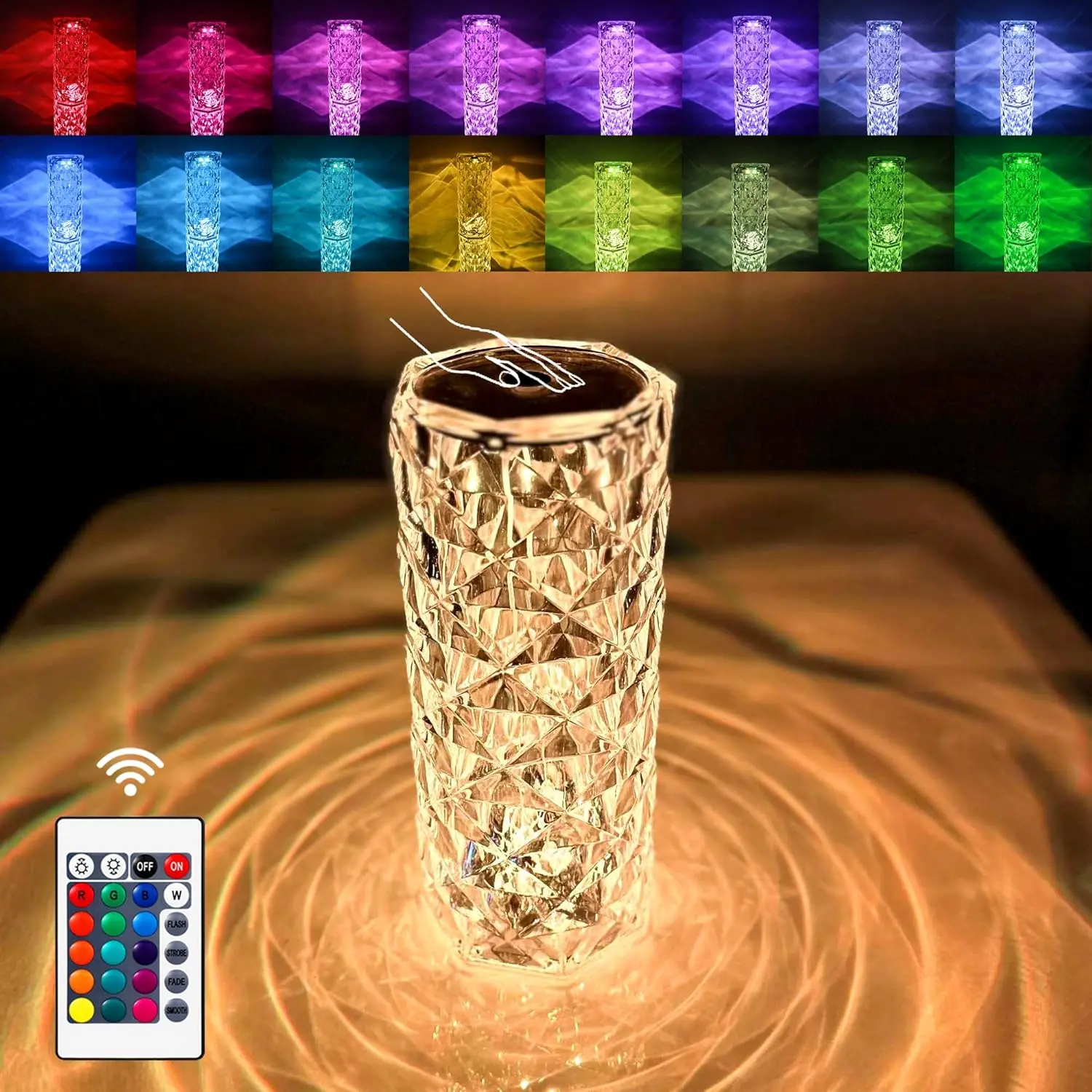 Rose Diamond Crystal Glass Table Lamp, 16-Color Night Light with Touch Control, USB Charger & Remote, Atmosphere Lamp for Valentine's Day Weddings Home Decoration