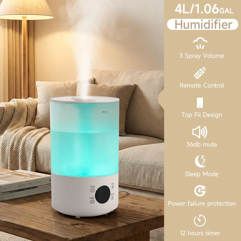4L Humidifier with Colorful Gradient Light&Remote Control, Cool Mist Humidifier for Home / Baby Nursery, Quiet Ultrasonic Humidifier with 360° Nozzle, Auto Shut-Off, 12-hour Timer