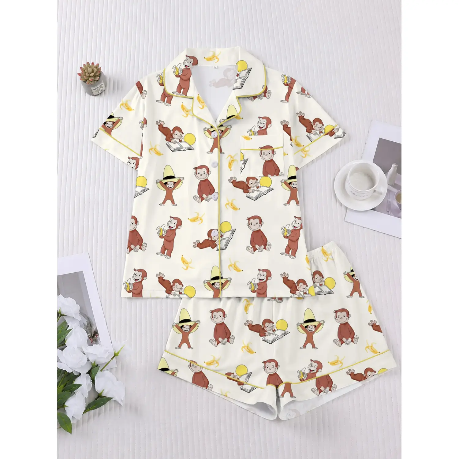 Women's Monkey Banana Print Sleepwear Set: Comfortable Short Sleeve Button-Down Shirt & Loose Elastic Shorts, Fashionable Casual Loungewear Pajama Set, Perfect Matching PJs