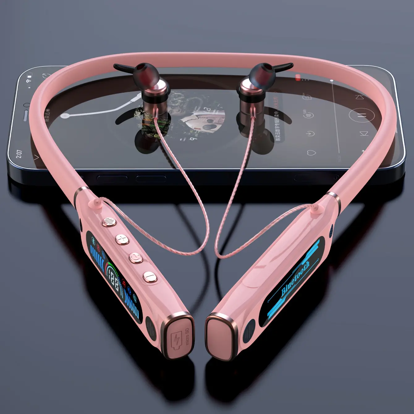 Pink Collar-Style Neckband Wireless Earbuds - In-Ear Bluetooth Headset for Cellphones & Mobile Devices, 1000 mAh Battery, Active Noise Cancellation, 20kHz HD Sound, TF Card Support, Comfortable Fit, Compact Portability, Ideal for Fitness, Cycling, Headpho