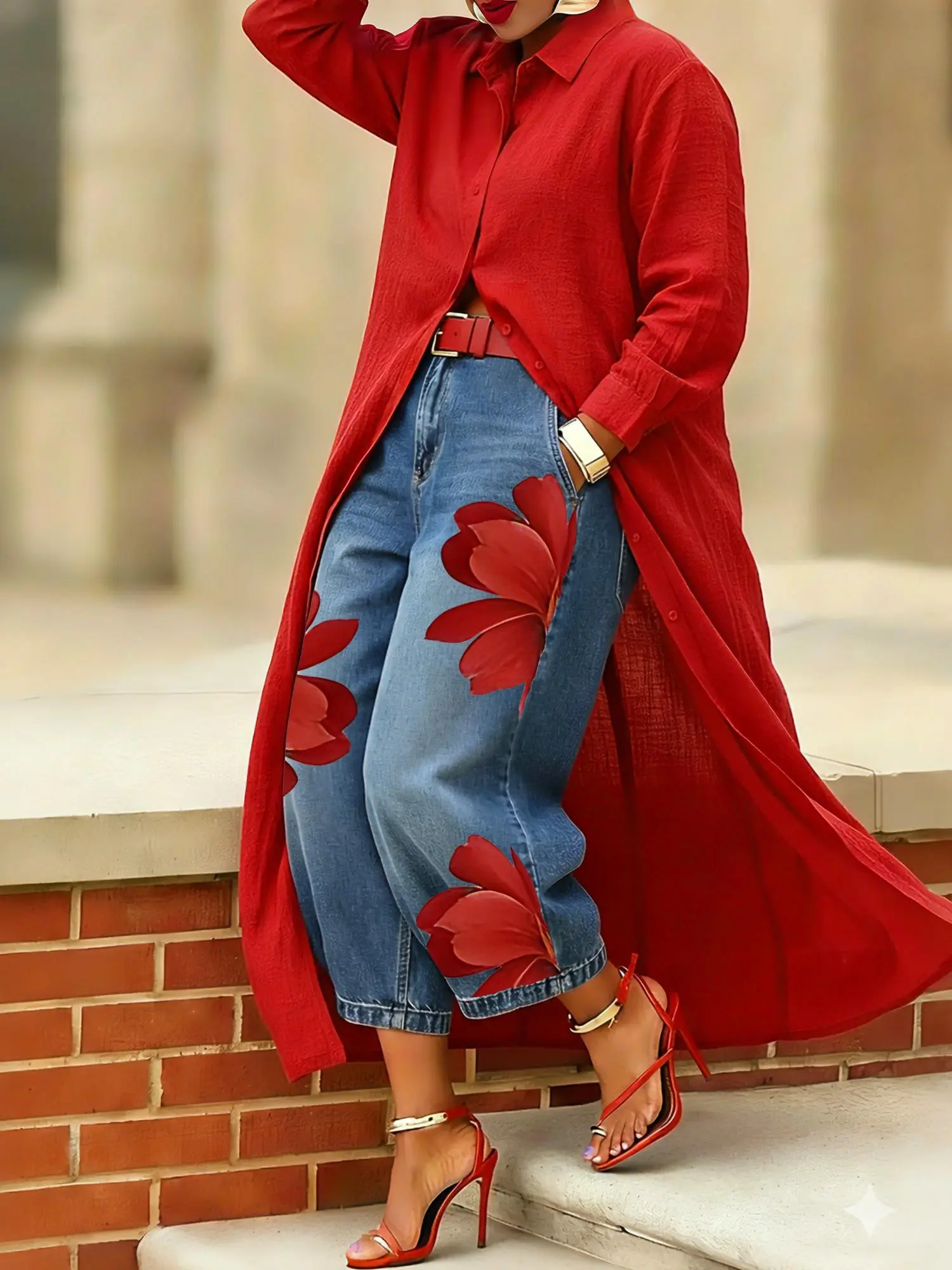 Women's Red Floral Print Cropped Jeans, Casual High-Waisted Wide-Leg Denim Jeans, Suitable For Spring, Summer And Autumn.