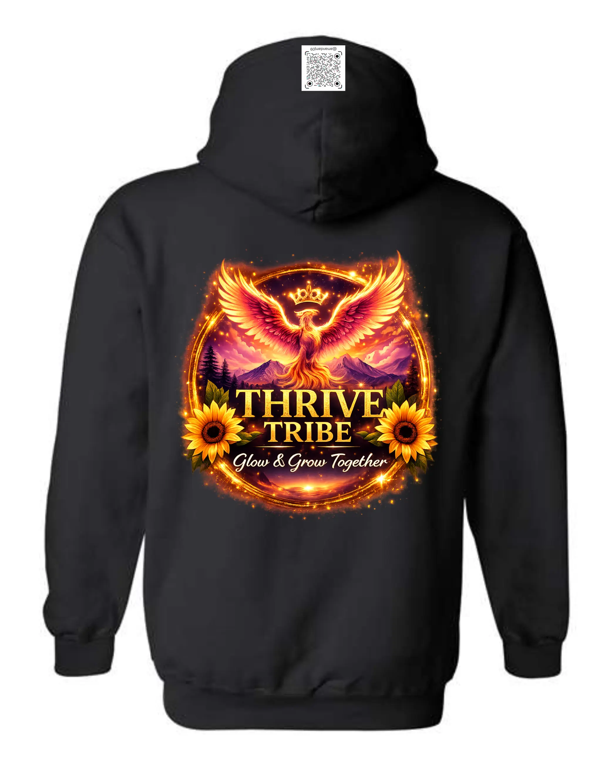 Women's Oversized Short-Sleeve Gym T-Shirt, Thrive Tribe Glow & Grow Together Graphic Tee, Phoenix Motivational Unisex Sunflower Print Top, Live Host Support, Ash Black Sand Smoke Colors