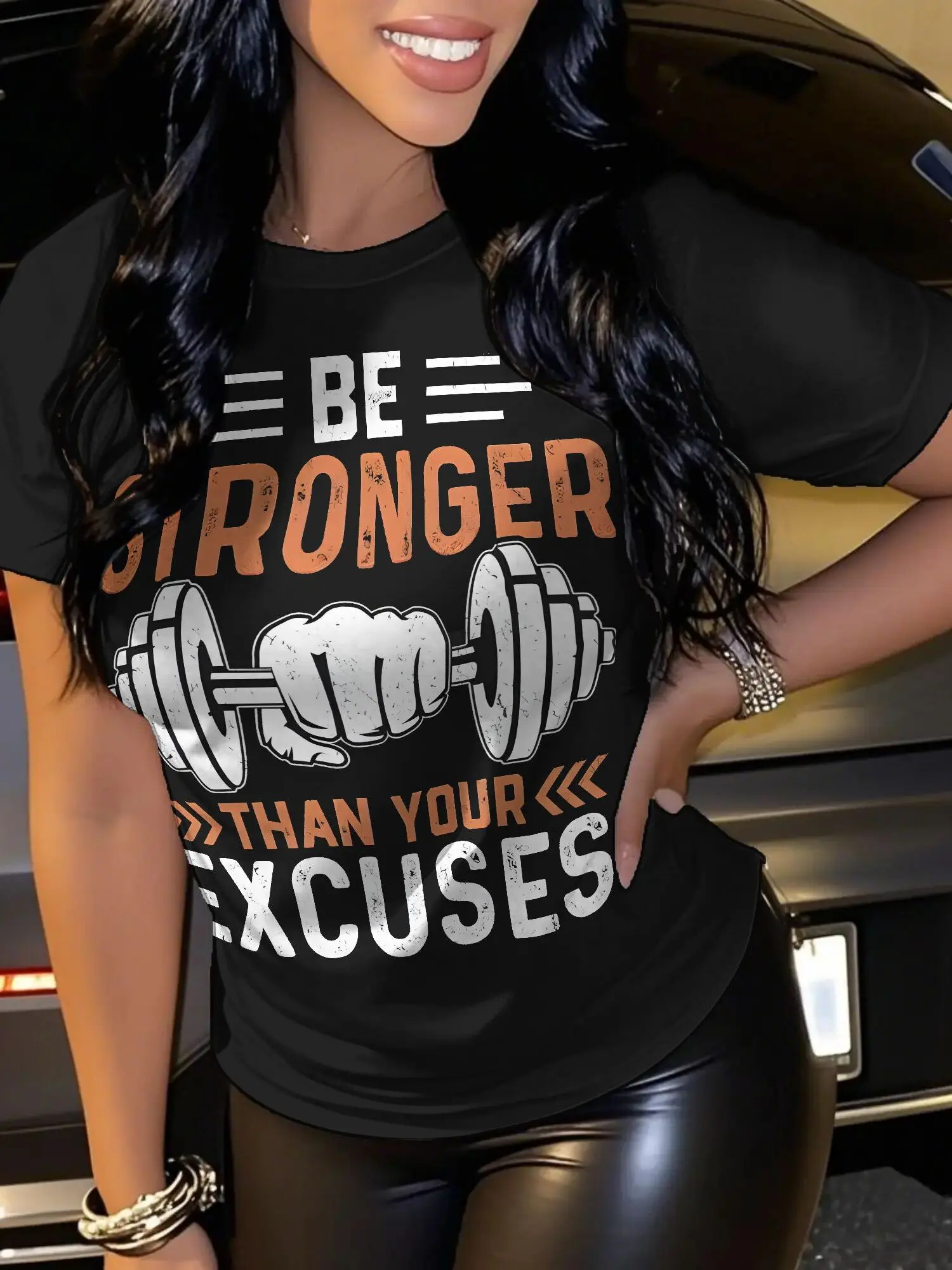 Women's Fitness Motivational T-Shirt "Be Stronger Than Your Excuses" - Breathable Short Sleeve Round Neck Workout Top with Gym Slogan Print, Casual Summer Wear Suitable for All, -Line Athletic Shirt (S-2XL, Black/Pink/Orange)
