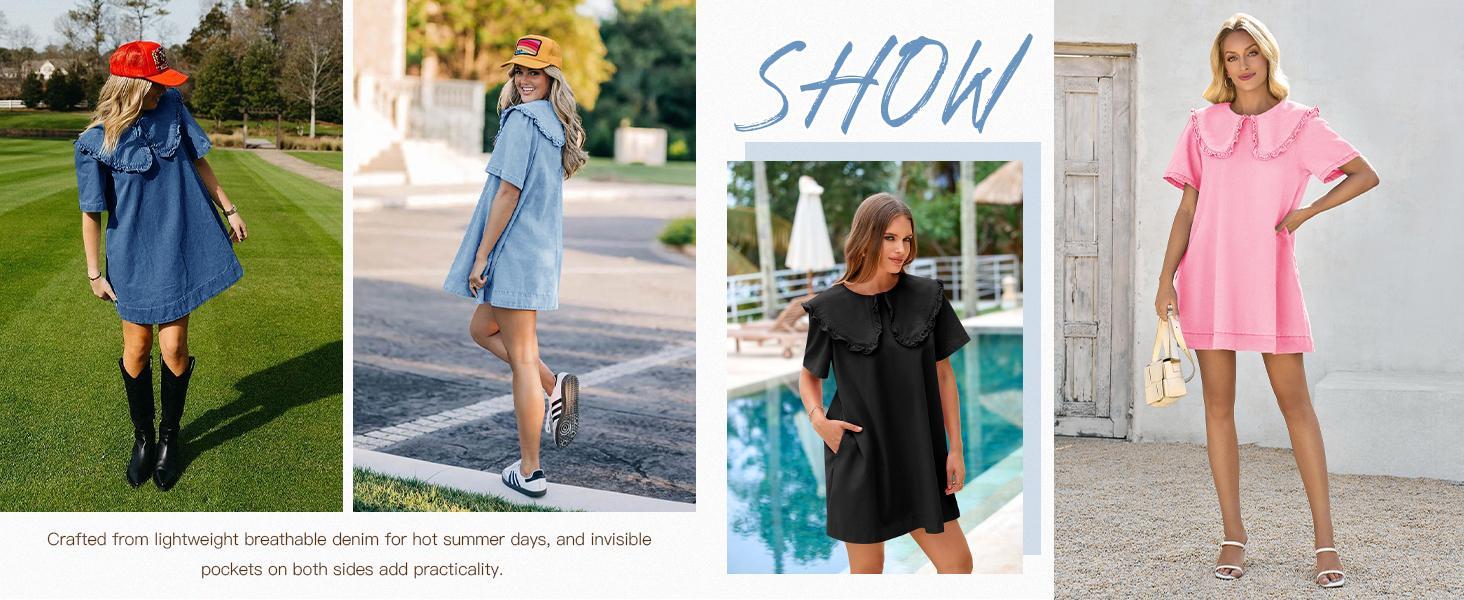 Imily Bela Womens Summer Denim Mini Dress Oversized Peter Pan Collar Short Sleeve Casual Flowy Babydoll Jean Dresses