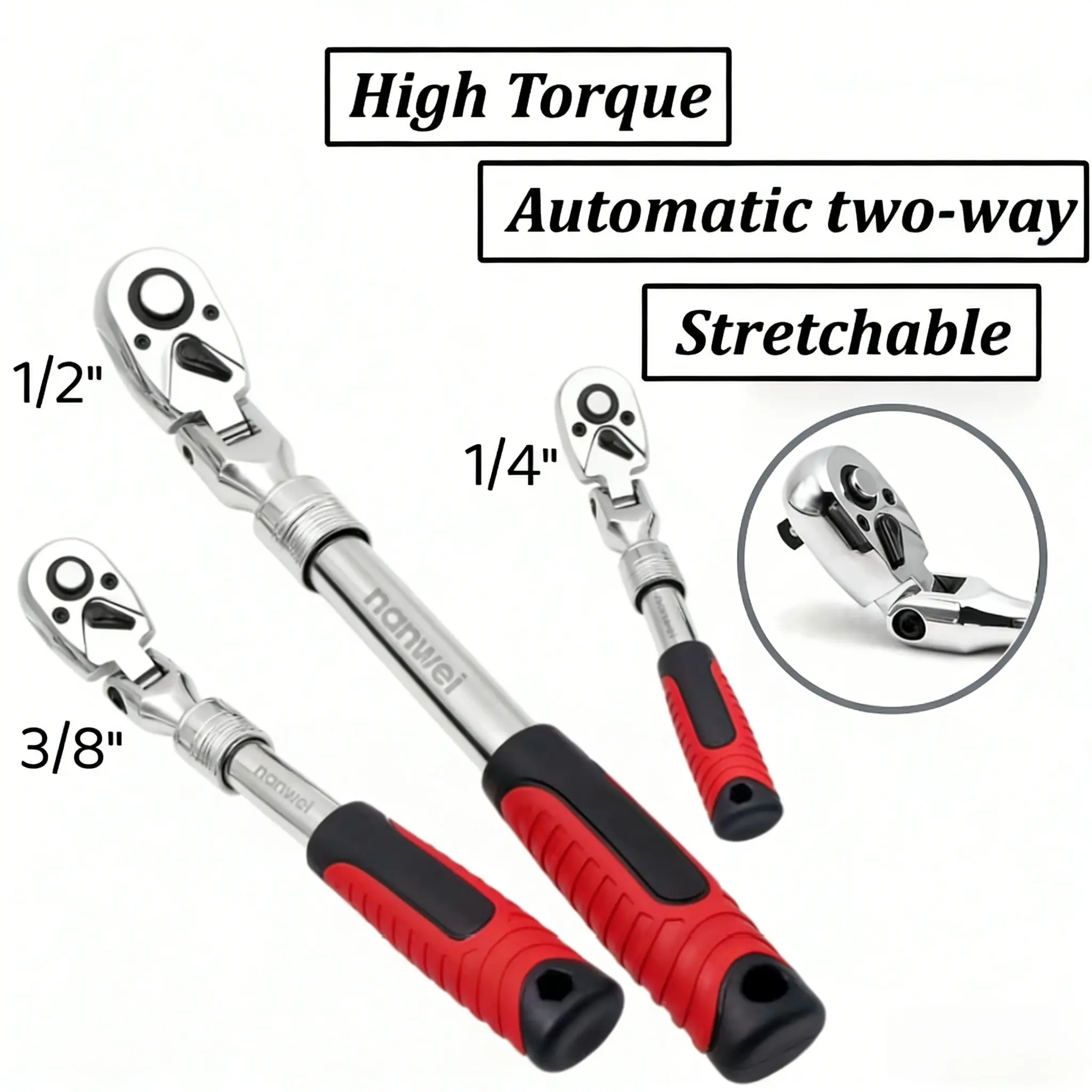 3-Piece Extendable Flex Head Ratchet Wrench Kit, 1/4"-3/8"-1/2" Drive 72-Tooth CRV Alloy Reversible Tools with Extendable Shaft, Non-Slip Grip for Auto Mechanics, Garage Repair, DIY Tasks, 3-Piece Kit, Multi-Torque