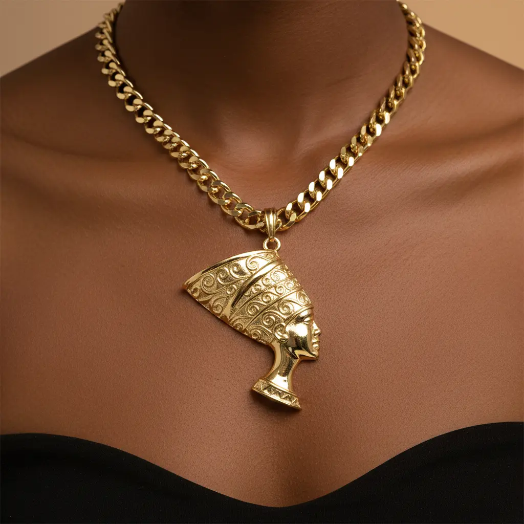MaxBling81 Women's Egyptian Queen Nefertiti Pendant Necklace - 9mm Cuban Chain Link Necklace, Metal-Coated, Female-Focused, Multi-Size (18in, 20in, 24in) Hip Hop Fashion Costume Accessory, Chain Link Necklaces