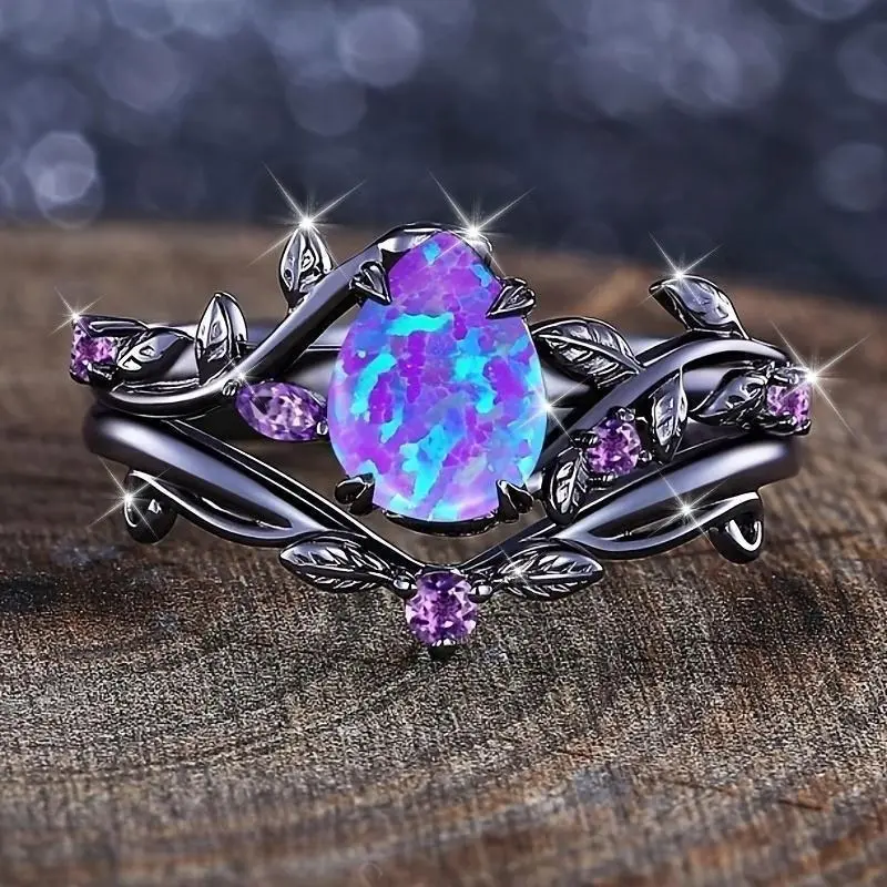 Women's Sporty Chic Jewelry Ring with Teardrop Synthetic Opal and Vine Leaf Design for Outdoor Activities & Engagement, Jewelry Rings, Beautiful Rings