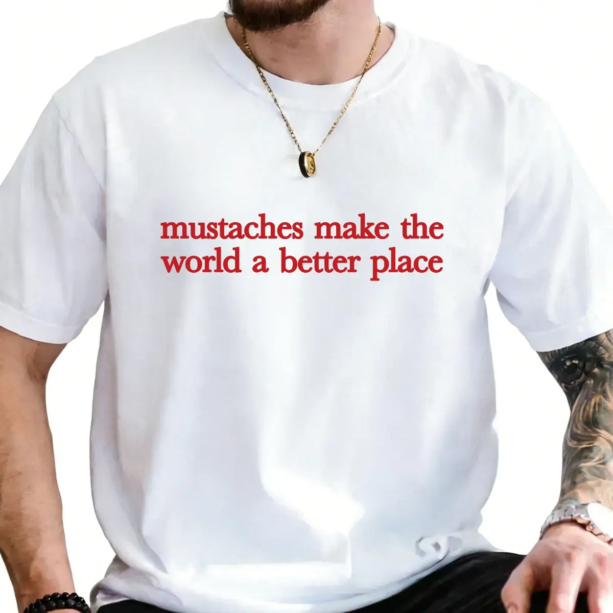 Men's Funny Mustache Lover Graphic Tee - Streetwear Casual Vibe Short-Sleeve Top, Relaxed Fit, 180G 100% Cotton, Lightweight, Breathable, Soft, Vibrant Ink, Bold Slogan, Made in USA, Graphic Print