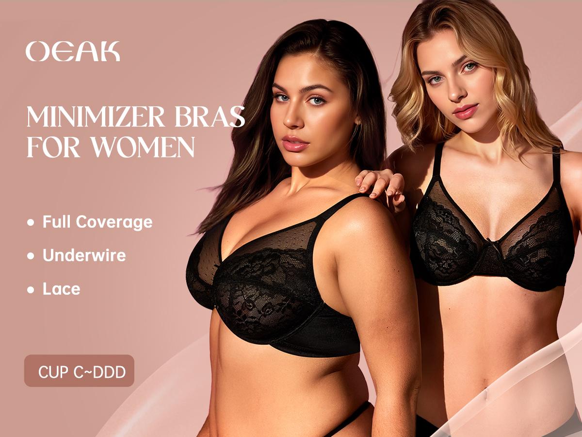 OEAK Womens Minimizer Bras Underwire Full Coverage Bra Plus Size Unlined Lace Bralette Lifting Tshirt Bras for Large Breast