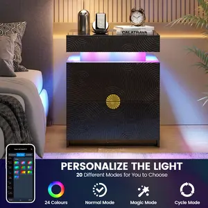FREDEES Night Stand - with Lockable Gun Drawer, LED Nightstand with Charging Sation,Smart Bedside Table with 24 Color Lights,Glass Top End Table with 3 Drawers,Bedroom,Black