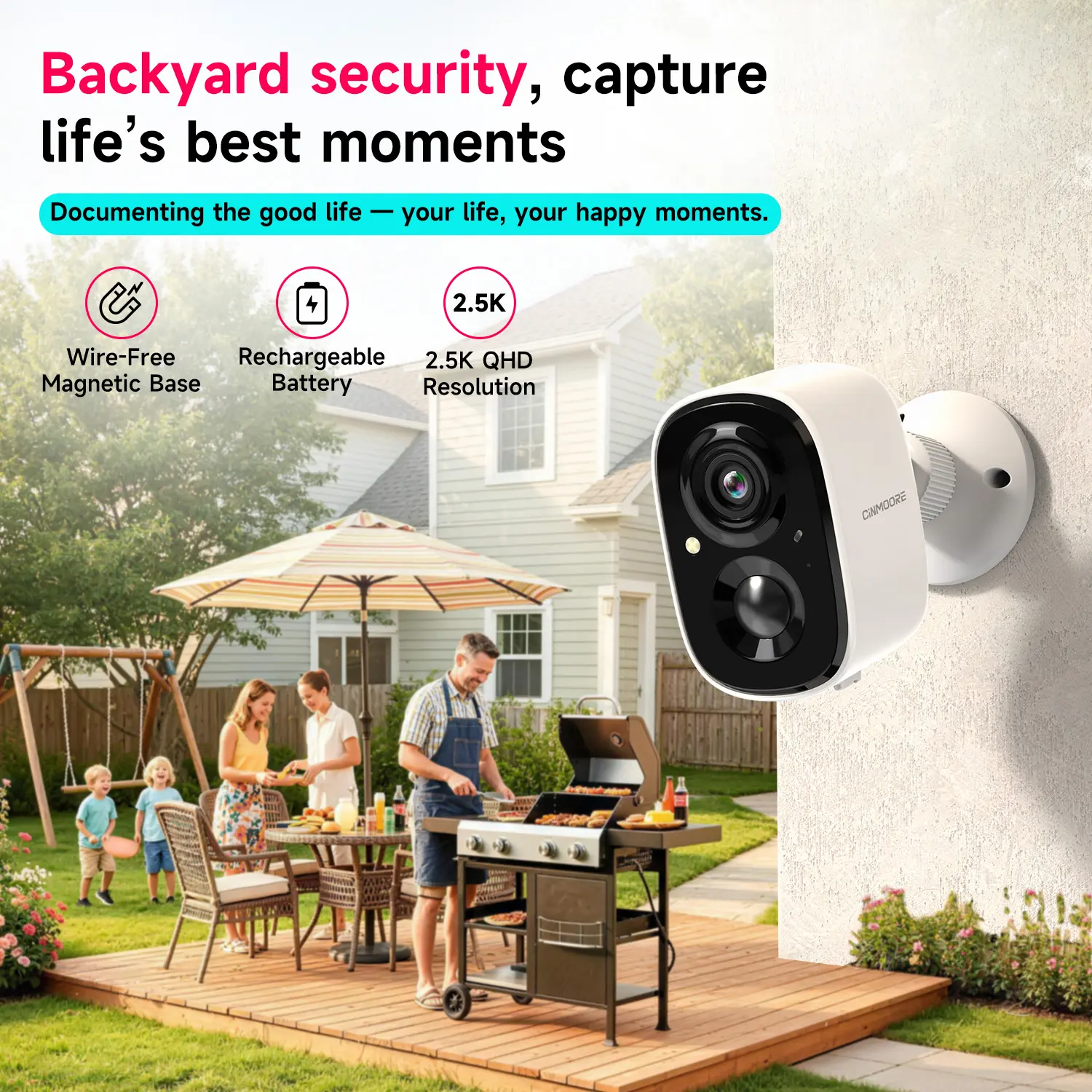 CINMOORE 2.5K Wireless Security Camera - Magnetic Indoor/Outdoor Smart Garage Camera, Free Installation, HD Video, Full-Color Night Vision Surveillance, Motion Detection, Wi-Fi, 2-Way Audio, Smartphone Control, Manufacturer Warranty