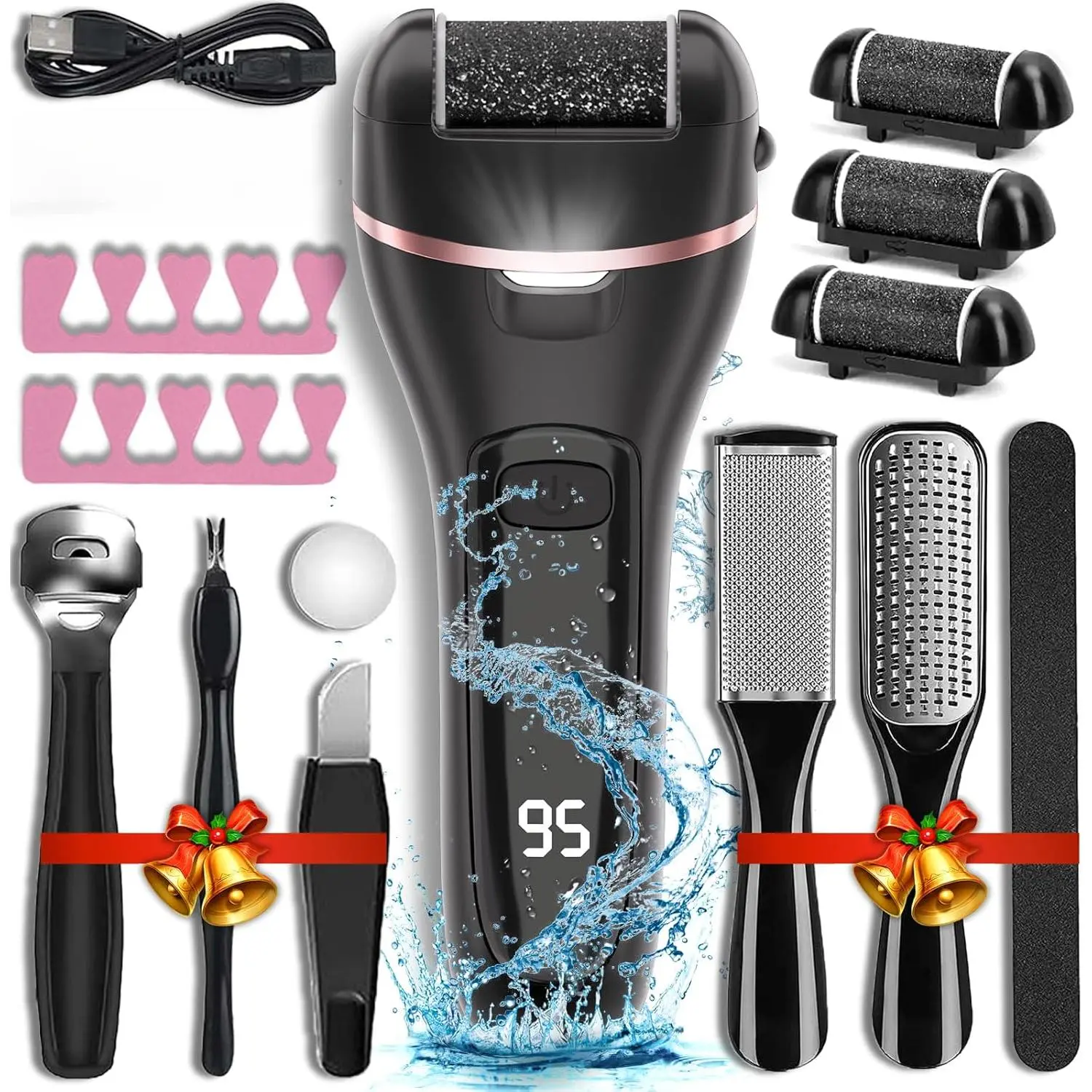 Electric Callus Remover for Feet - Rechargeable Waterproof 17-in-1 Professional Pedicure Tool Foot Care Set with 3 Roller Heads for Cracked Heel Repair