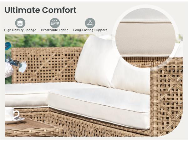 PHI VILLA Outdoor Wicker Patio Conversation Furniture Set with Acacia Wood Coffee Table Includes Patio Table and Storage Sofa Lounge Classic Durable Rattan Style, Christmas Gift