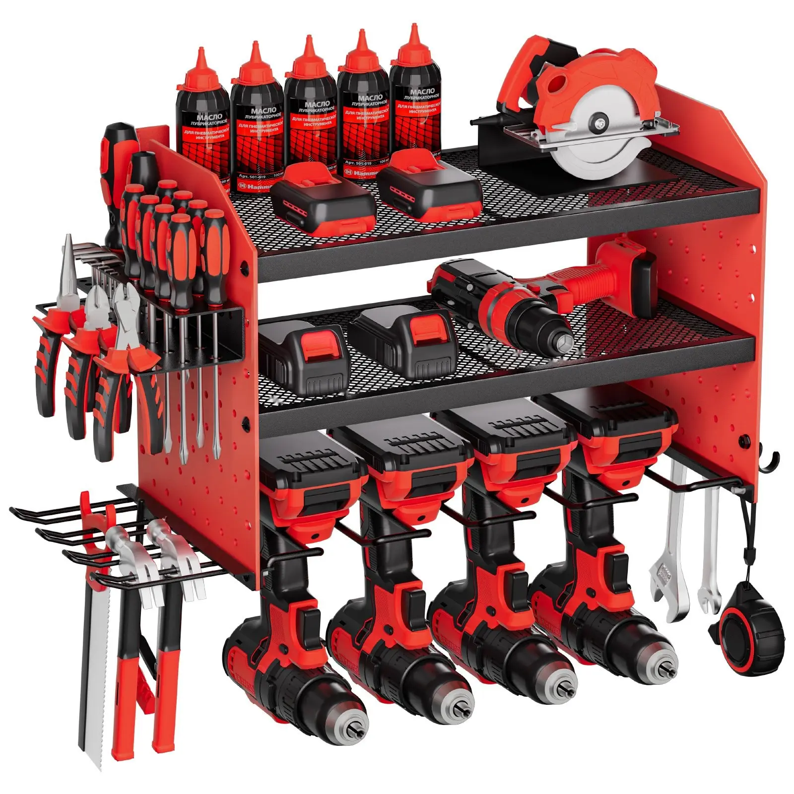 Power Tool Organizer Wall Mount System, 3-Layer Storage Rack With 4 Drill Holders, Tools Holder And Side Pegboards, Heavy-Duty Garage Storage Solution For Workshop, Workbench And Garage