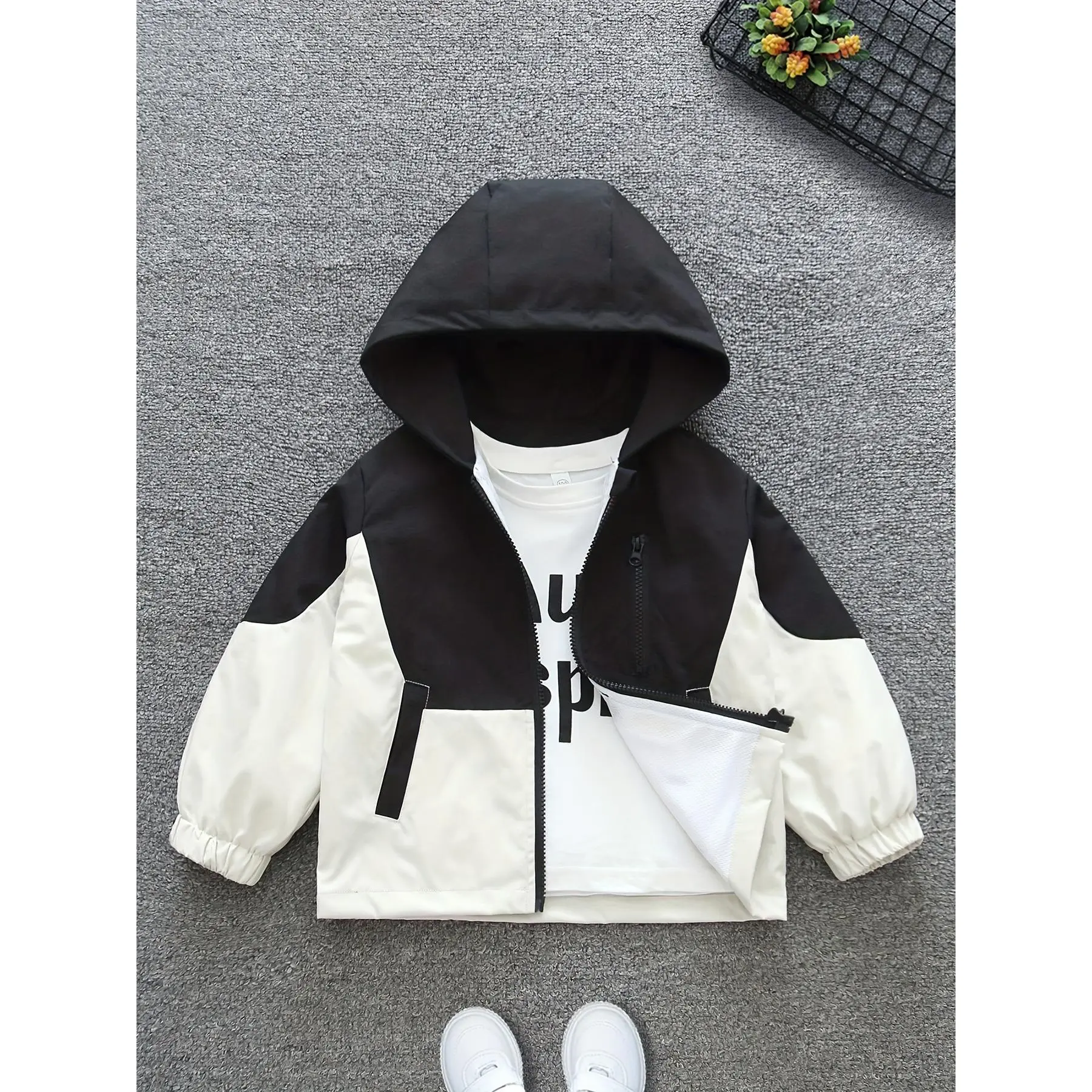 Boys' Color Block Hooded Jacket, Child-Sized Korean-Style Outerwear with Zipper, Casual Loose Fit Polyester Coat for Toddlers, Spring/Fall, Toddler-Safe Boys' Jackets, Child-Sized Boys' Jackets