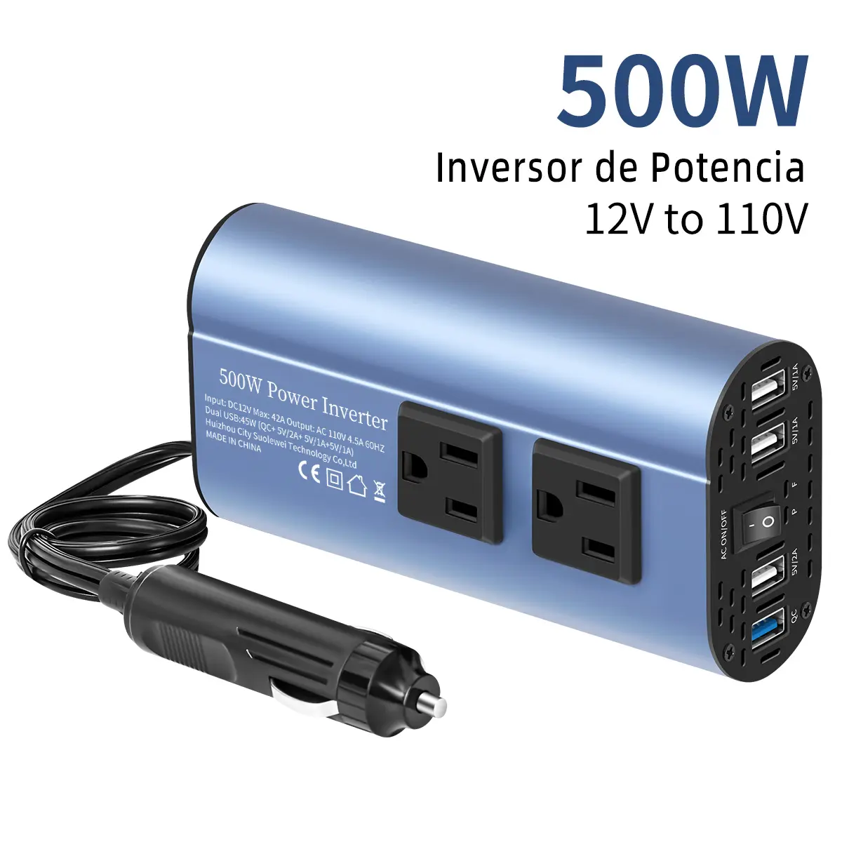 TATALIKEN 500W car inverter, modified sine wave, 12V to 110V, equipped with 2 US-style AC outlets, 4 USB ports, and 1 dedicated 12V car outlet; compatible with mobile phone charging and in-car charging; includes a car cigarette lighter adapter.