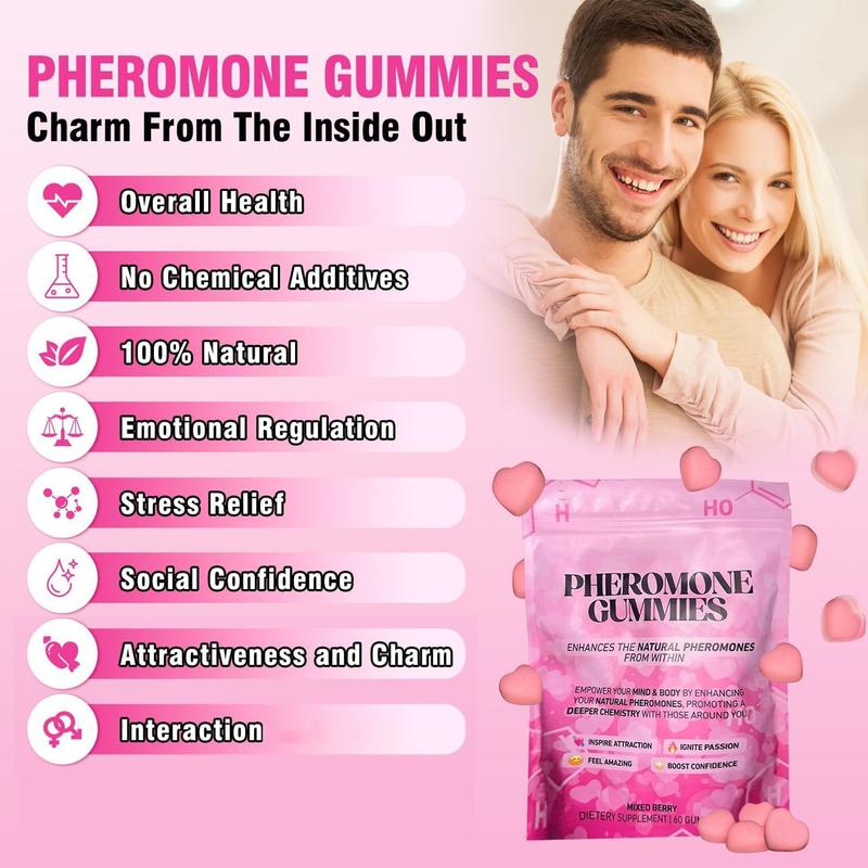 Pheromone Gummies with Slippery Elm, for Women,Enhance Charm,Supports Balance,Confidence & Social Vibe,Vegan,Non-GMO,Gluten-Free,Strawberry Flavor,Enhances Your Natural Pheromones From Within, 60 Count Mixed Berry Flavor Pheromone Gummies with Slippery Elm, for Women,Enhance Charm,Supports Balance,Confidence & Social Vibe,Vegan,Non-GMO,Gluten-Free,Strawberry Flavor,Enhances Your Natural Pheromones From Within, 60 Count Mixed Berry Flavor