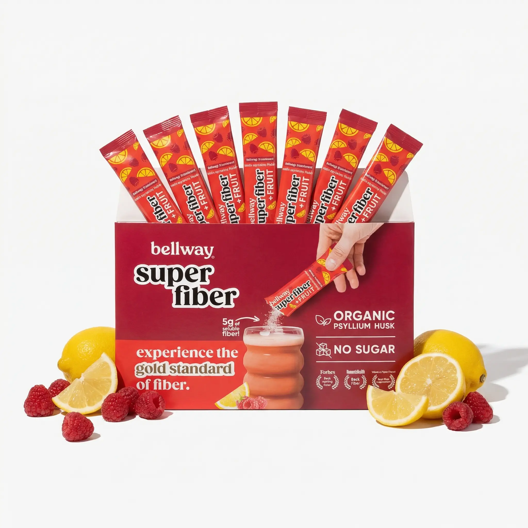 Bellway Super Fiber + Fruit Stick Packs - Organic Psyllium Husk Fiber Supplement, Sugar Free, Raspberry Lemon, On-the-Go (10 Packets)