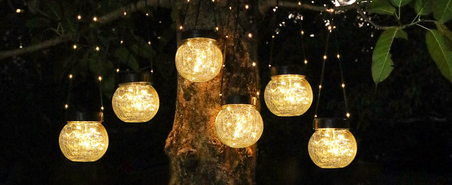 PARTPHONER Solar Lanterns Decoration,Outdoor Waterproof,Cracked Glass Hanging Globes for Christmas Decoration, Shepherd Hook, Garden Tree Ornaments