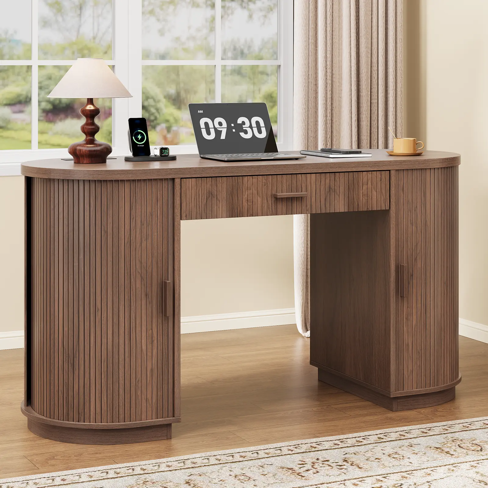【BackToSchool】ONBRILL 58 Inch Fluted Executive Desk with Drawers, Large Computer Desk with Charging Station, Mid Century Modern Desk for Home Office, Living Room or Bedroom