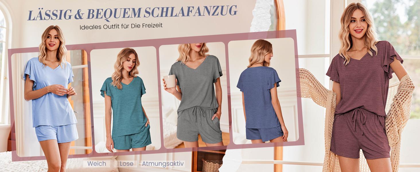 EKOUAER Women's Breathable Comfort Cute Set Ruffle Sleeves  V Neck Comfy 2 Pack Set with Pockets S-XXL