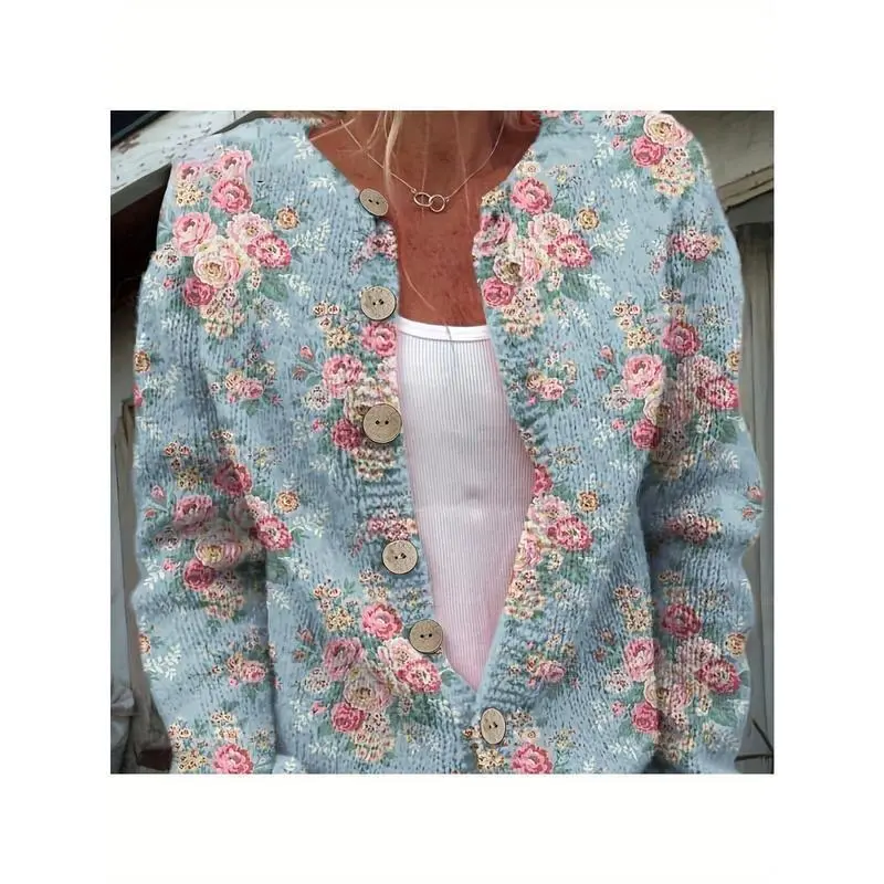 Plus Size, Women's Light Blue Floral Print Cardigan Sweater Coat - Soft Polyester Blend All-Season Lightweight Jacket with Front Button Closure, Long Sleeve Casual Outerwear, Pastel Spring Colors (Pink/Green/Blue/Purple) for Everyday & Form Plus Size, Women's Light Blue Floral Print Cardigan Sweater Coat - Soft Polyester Blend All-Season Lightweight Jacket with Front Button Closure, Long Sleeve Casual Outerwear, Pastel Spring Colors (Pink/Green/Blue/Purple) for Everyday & Form