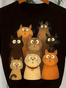 T-Shirt for Women Featuring a Cat Print - Soft And Breathable with a Round Neck And Short Sleeves, Designed with 6 Cartoon Cats, Perfect for Casual Summer Gatherings, Machine Washable, Regular Fit, Playful Graphic Tee, Comfortable to Wear