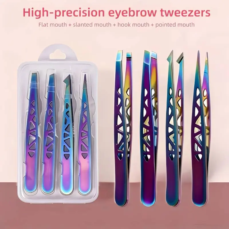 Titanium Colored 4‑Piece Set High‑Precision Stainless Steel Tweezers, Cosmetic Tools, Hair‑Removal Tweezers, Eyebrow Shaping Kit, Perfect Holiday Gift