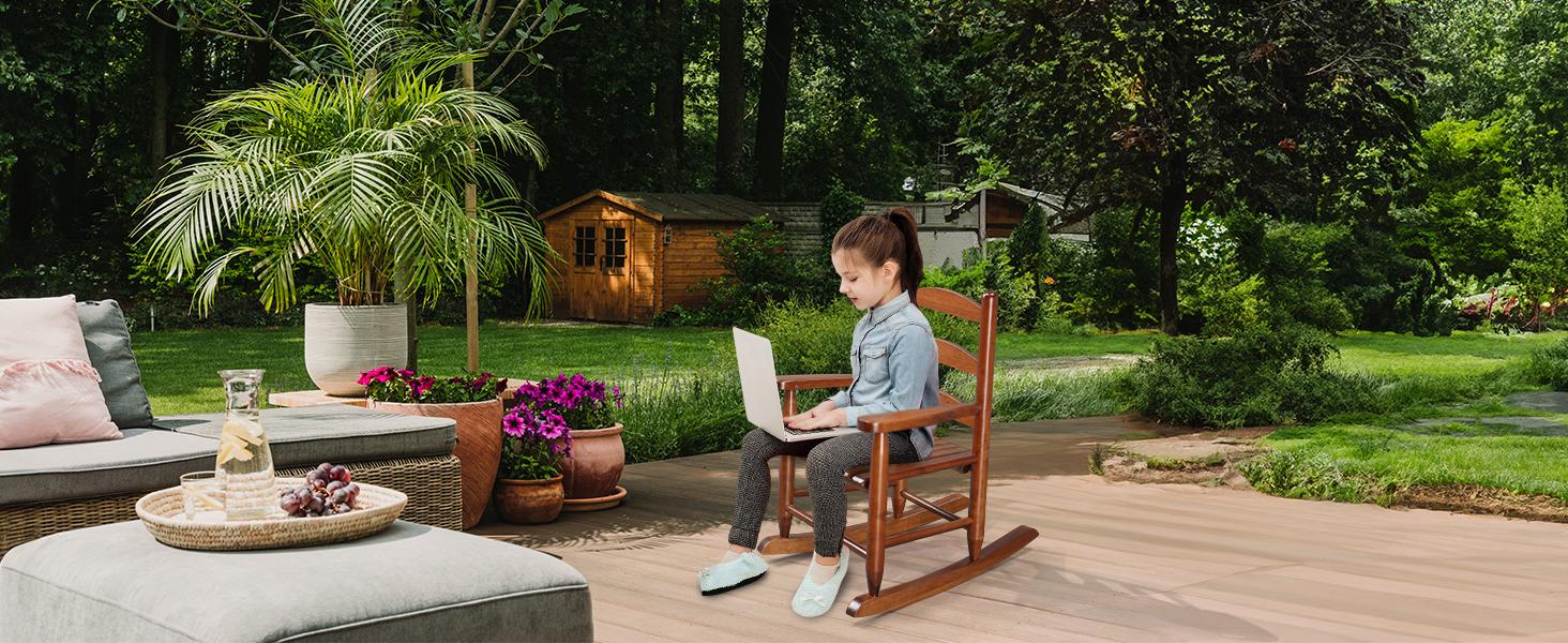 Joymor Outdoor Children's Rocking Chair, All-Weather Wooden Rocker with High Backrest, Ideal for Garden, Yard, and Balcony, Patio Rocking Chair Suitable for Ages 3-6, Teak
