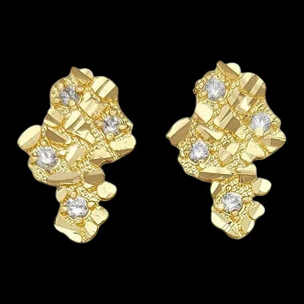 MaxBling81 Gold Plated 14K Solid High-End Brass Cubic Zirconia Stud Nugget Earrings, Golden Nugget Iced Luxury Costume Jewelry for Men and Women