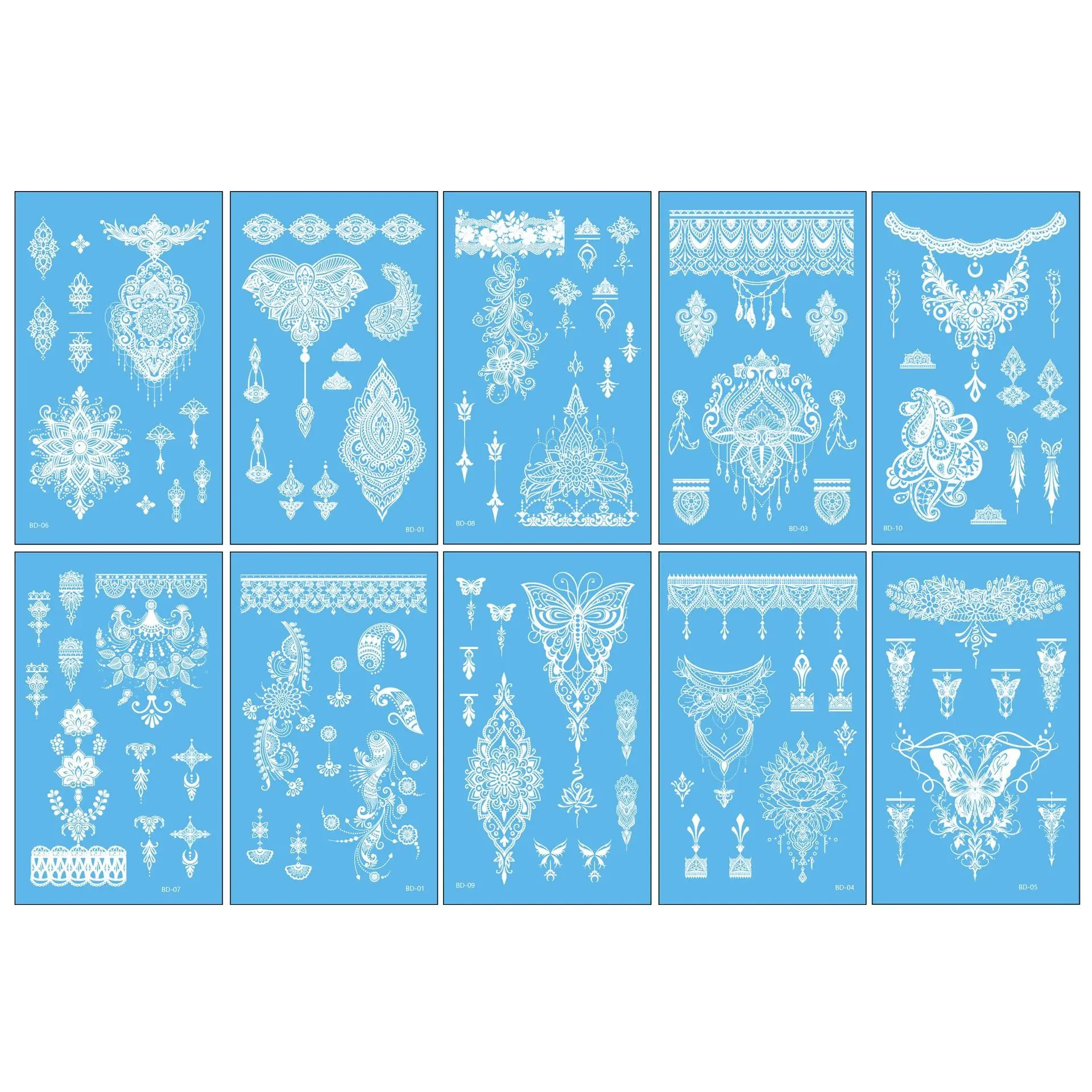 10-Sheet New White Henna Mandala Temporary Stickers - Tattoo Inspired Print, Bridal Elegant Design, Unisex Adults’ Tattoo for Beginners, Mandala Art Look, DIY Scrapbooking Stamping Birthday Gift, Sheet Pack, Must-Have Gift, Holiday Gift Exchange