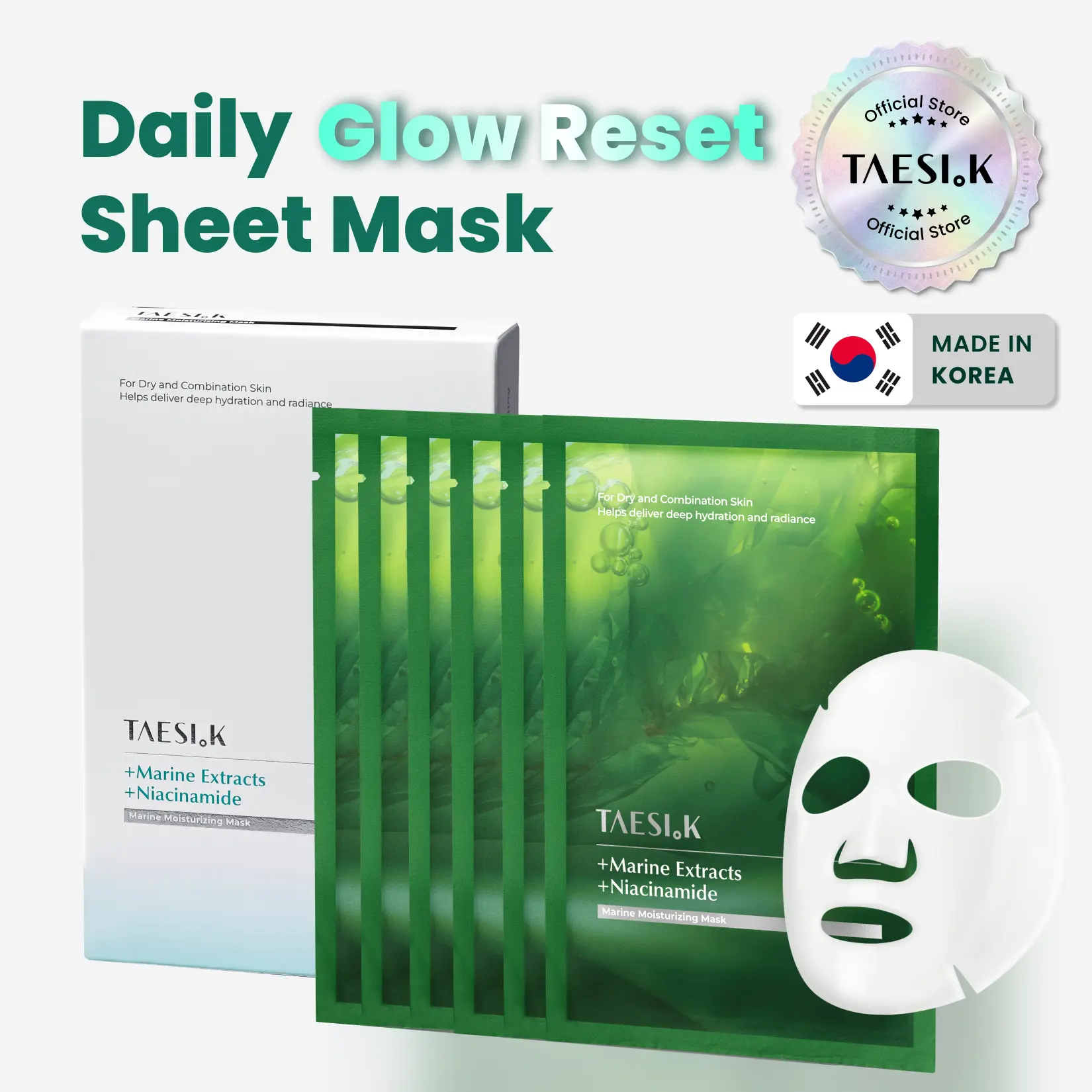 [TAESI.K] Daily Glow Reset Sheet Mask (6 Sheets Total: 5 + 1 Free), Korean Skincare Face Mask with Niacinamide & 11 Peptides, Moisturizer for Dry & All Skin Types to Boost Radiant Skin