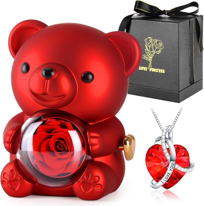 Cute Teddy Bear with Preserved Rose,Eternal Flowers Rotating Rose Box with Necklace Romantic Gift for Her in Valentine's Day, Mother's Day,Weddings,Anniversaries,and Bridal Showers