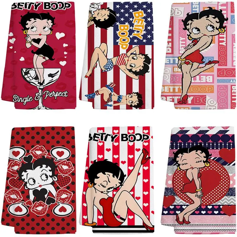 BETTY BOOP 6-Piece Whimsy Cartoon Colorful Synthetic Kitchen Towel Set - 16x24in Absorbent Material Functional Polyester Cloths, Cottagecore Dish/Tea Wipes for Gifting, Home Use