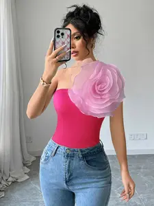 Women's Blush Pink 1-Shoulder 3D Floral Sleeveless Cut Short Top, Slim-Fit Womenswear Tops