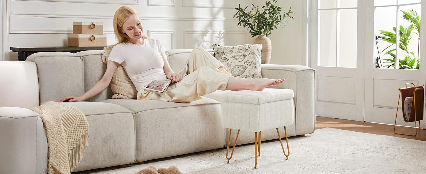 【New Color】Vanity Stool Chair with Storage, Ottoman Faux Fur Soft Padded Makeup Footstools Seat Modern Footrest for Home Entryway Bedroom
