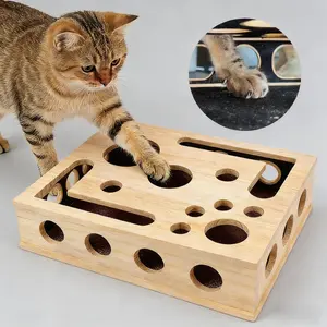 Pine Wood Cat Scratching Puzzle Box with Nail File Durable Interactive Enrichment Toy Stress Free Nail Care Alternative to Clippers and Grinders Includes Feather Teaser Wand Toy for Kittens Adult Cats and Senior Cats All Ages Scratch