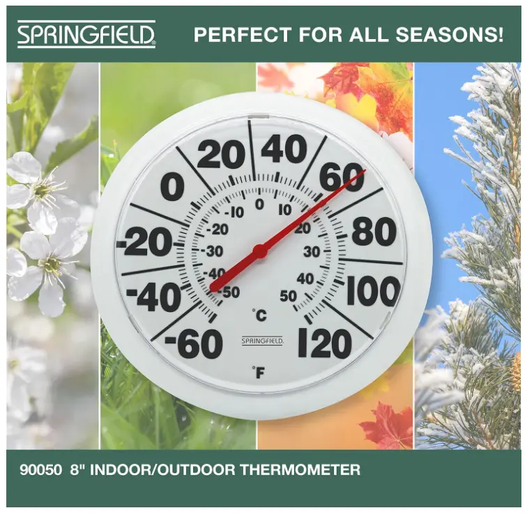 Indoor Outdoor Big and Bold Dial Thermometer, Wireless Thermometer with Easy to Read Large Numbers for Patio, Pool, and Indoor Areas, 8-Inch, White