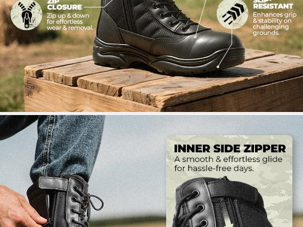 NORTIV 8 TROOPER Men's Military Tactical Boots - Breathable Soft Leather Round Toe Black Boots for Men Work Boots for Men Walking Shoes Boy Footwear Closed Workboots Bota Sand SpringStatements