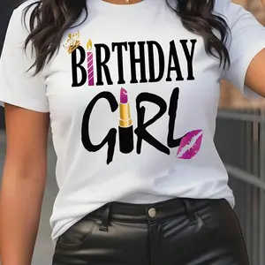 Women's Birthday Girl Letter Print Round Neck Graphic Tee, Vintage Trendy Casual Short Sleeve T-shirt for Daily Wear, Ladies Summer Outfit