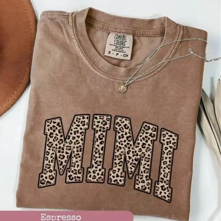 Comfort Colors Mimi shirt featuring a trendy leopard print, cute Mimi tee perfect for grandmas, Gigi or Mimi, stylish streetwear and thoughtful gift.