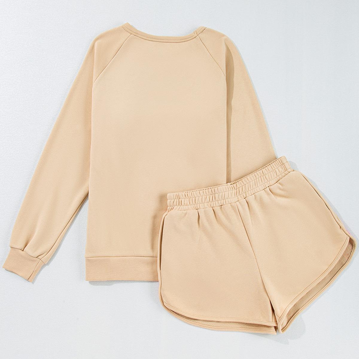 Women's Pullover and Shorts Two Piece Casual Set with Striped Accent,Long Sleeve Sweatshirts and Matching Pants Outfit Chic Womenswear for Everyday