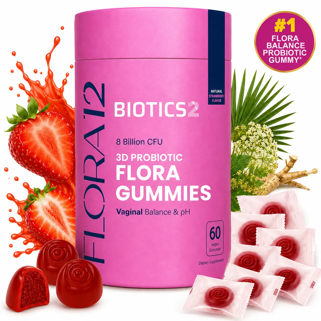 BIOTICS2 Feminine Probiotic Gummies for Women, 8B CFU Probiotics + Prebiotics, Sugar-Free Gluten-Free Vegan Chewable, pH Balance & Flora Support, Individually Wrapped, 60 Count