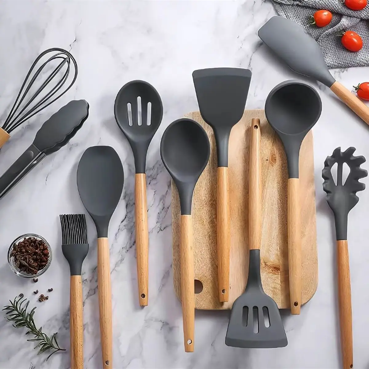 12-Piece Food Grade Silicone Cooking Utensils Set with Storage Cup Tidy & Whisk - Heat Resistant, 12 cm Length Kitchen Utensils Gadgets for Tasks, Colorful Durable Modern Kitchenware, Twelve Items