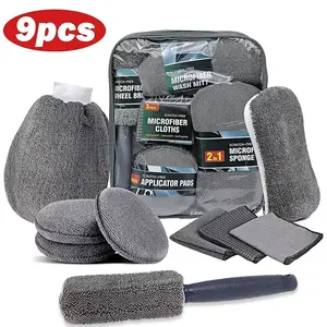 9PCS Car Cleaning Kit, No-Scratch Auto Detailing Tools Set with Wash Mitt, Large Sponge, Wheel Brush, Wax Applicator Pads and Microfiber Towels for Car Interior and Exterior Care (Gray)																	